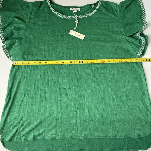 Max Studio Fancy Stitch Work Flutter Short Sleeve Amazon Green Top Size 2X NWT - Picture 4 of 12